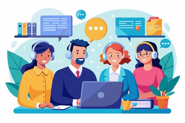 A team of four support agents assists customers with technical issues while working collaboratively at their computers _ Premium AI-generated vector
